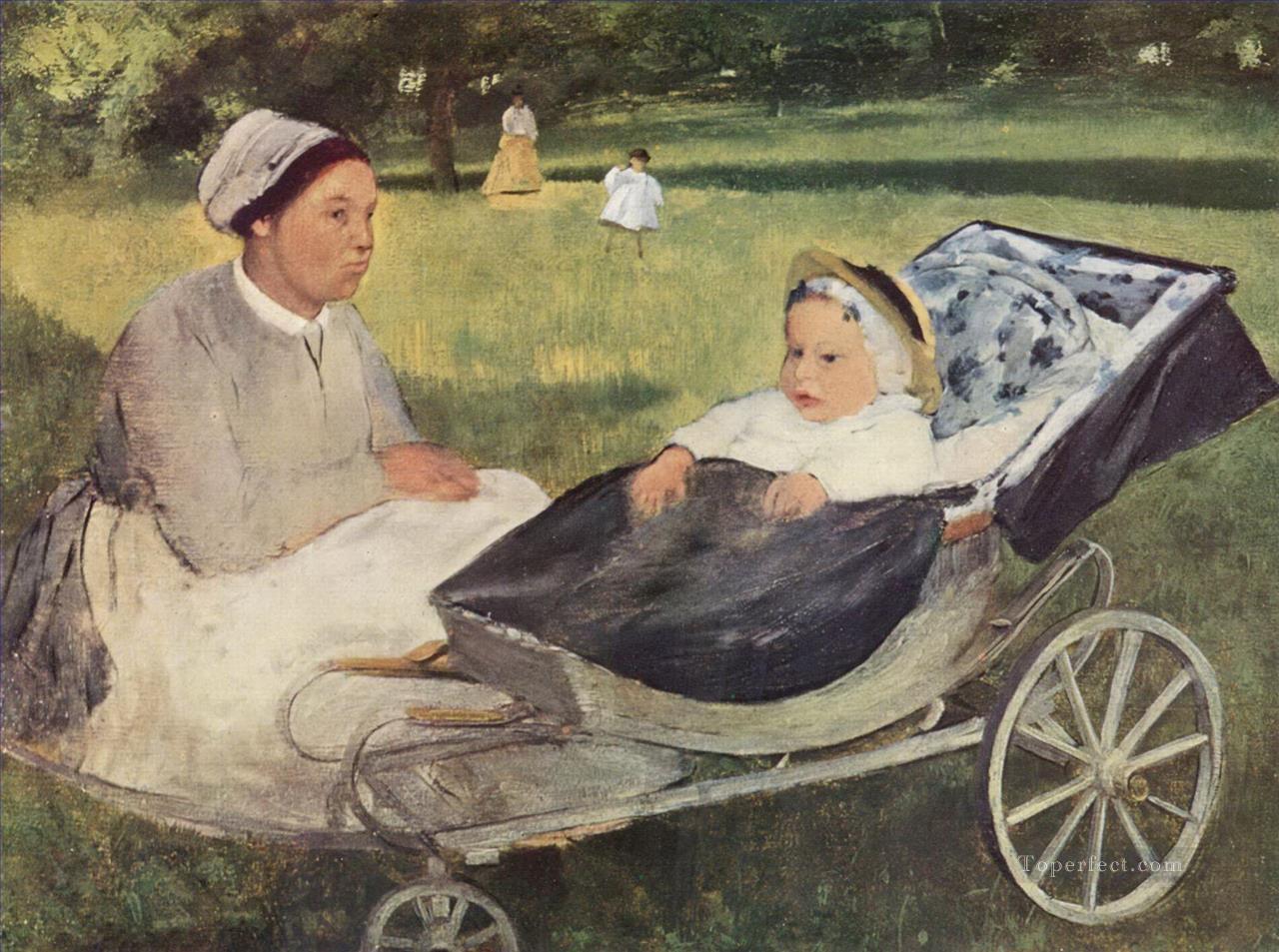家庭教師と子供の頃のアンリ・ヴァルパンソンの肖像画 1870年 エドガー・ドガ油絵